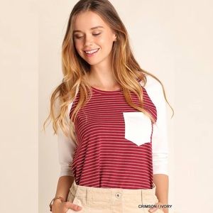 Raglan Crimson and Ivory Striped Pocket Tee